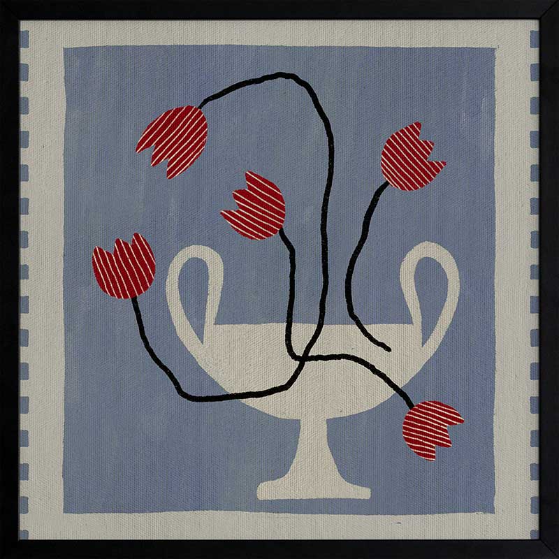Stylised cream vase with abstract red flowers and winding black stems, placed on a muted blue background with light checkered trim, from the Shatha collection with Urban Road.