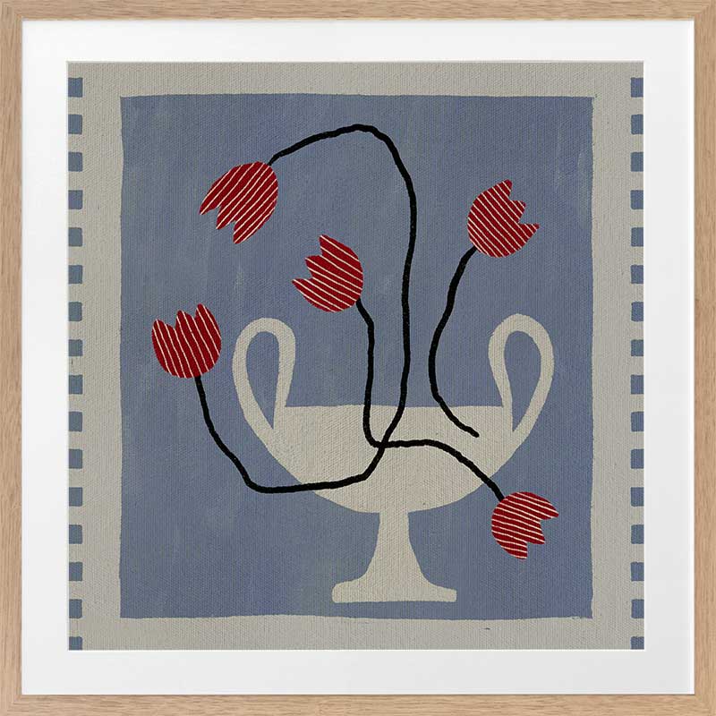 Stylised cream vase with abstract red flowers and winding black stems, placed on a muted blue background with light checkered trim, from the Shatha collection with Urban Road.