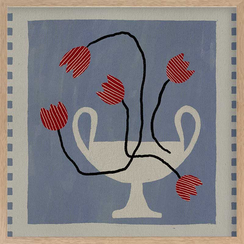 Stylised cream vase with abstract red flowers and winding black stems, placed on a muted blue background with light checkered trim, from the Shatha collection with Urban Road.