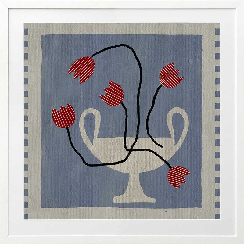Stylised cream vase with abstract red flowers and winding black stems, placed on a muted blue background with light checkered trim, from the Shatha collection with Urban Road.