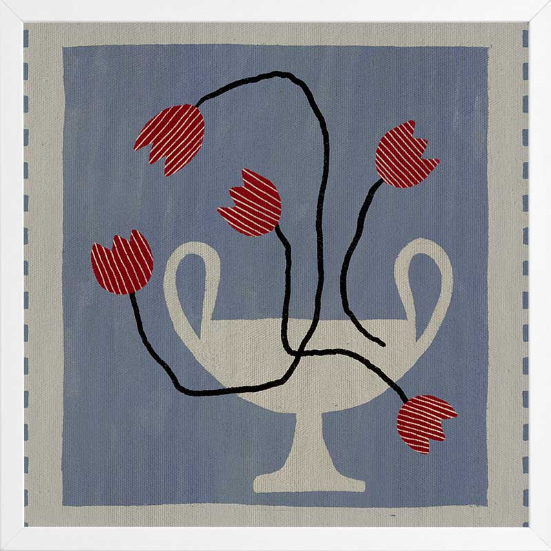 Stylised cream vase with abstract red flowers and winding black stems, placed on a muted blue background with light checkered trim, from the Shatha collection with Urban Road.