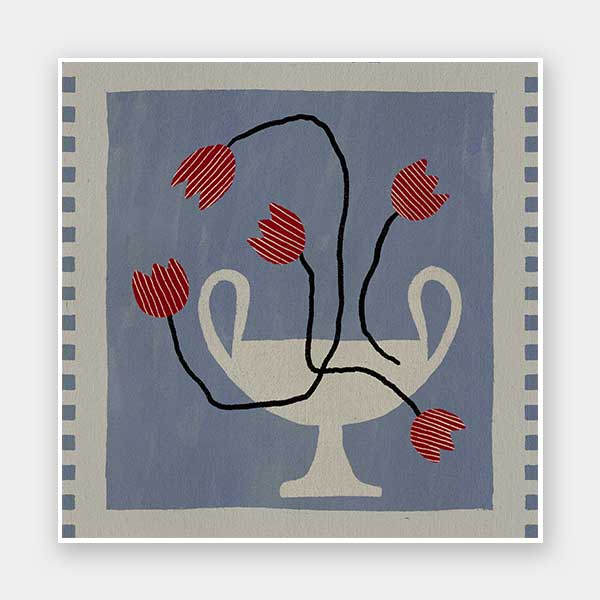 Stylised cream vase with abstract red flowers and winding black stems, placed on a muted blue background with light checkered trim, from the Shatha collection with Urban Road.