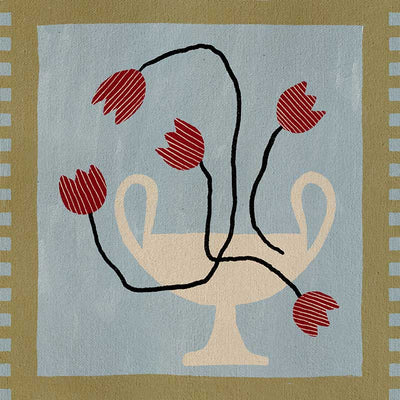 Whimsical arrangement of red abstract blooms in a cream pedestal vase set on a light blue and green checkered background, from the Shatha collection with Urban Road.