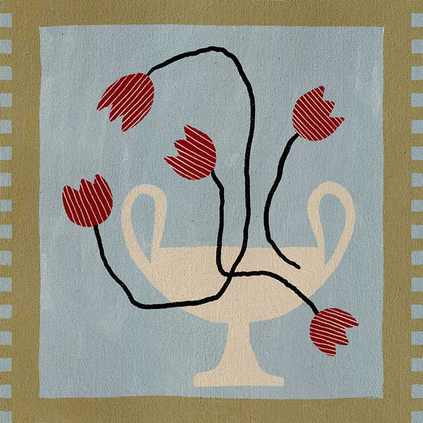 Whimsical arrangement of red abstract blooms in a cream pedestal vase set on a light blue and green checkered background, from the Shatha collection with Urban Road.