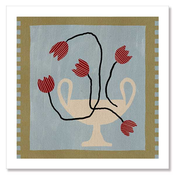 Whimsical arrangement of red abstract blooms in a cream pedestal vase set on a light blue and green checkered background, from the Shatha collection with Urban Road.