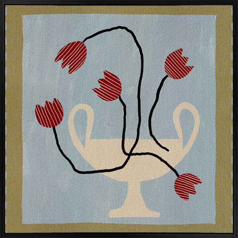 Whimsical arrangement of red abstract blooms in a cream pedestal vase set on a light blue and green checkered background, from the Shatha collection with Urban Road.