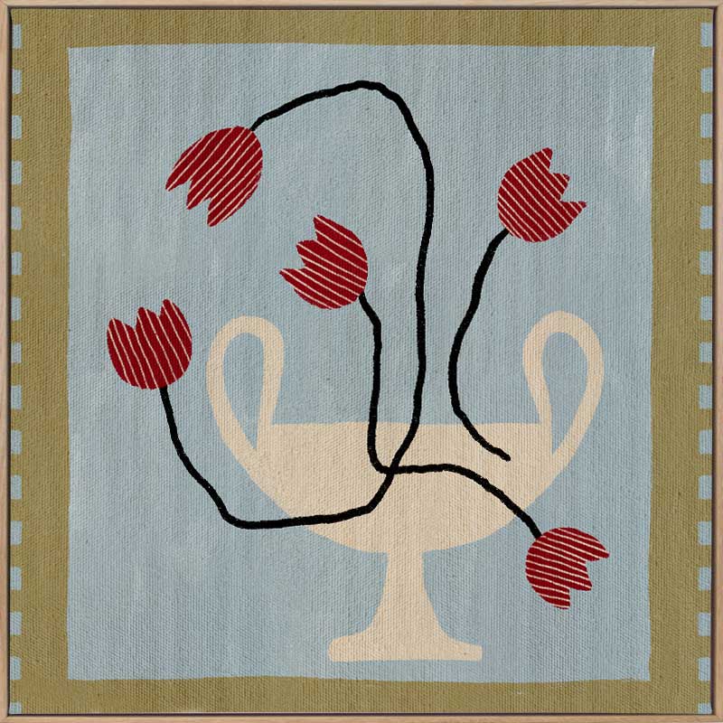 Whimsical arrangement of red abstract blooms in a cream pedestal vase set on a light blue and green checkered background, from the Shatha collection with Urban Road.