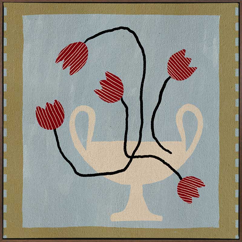 Whimsical arrangement of red abstract blooms in a cream pedestal vase set on a light blue and green checkered background, from the Shatha collection with Urban Road.