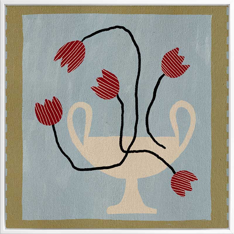 Whimsical arrangement of red abstract blooms in a cream pedestal vase set on a light blue and green checkered background, from the Shatha collection with Urban Road.