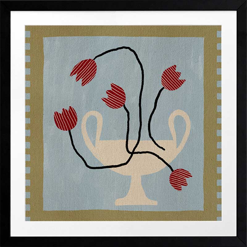 Whimsical arrangement of red abstract blooms in a cream pedestal vase set on a light blue and green checkered background, from the Shatha collection with Urban Road.