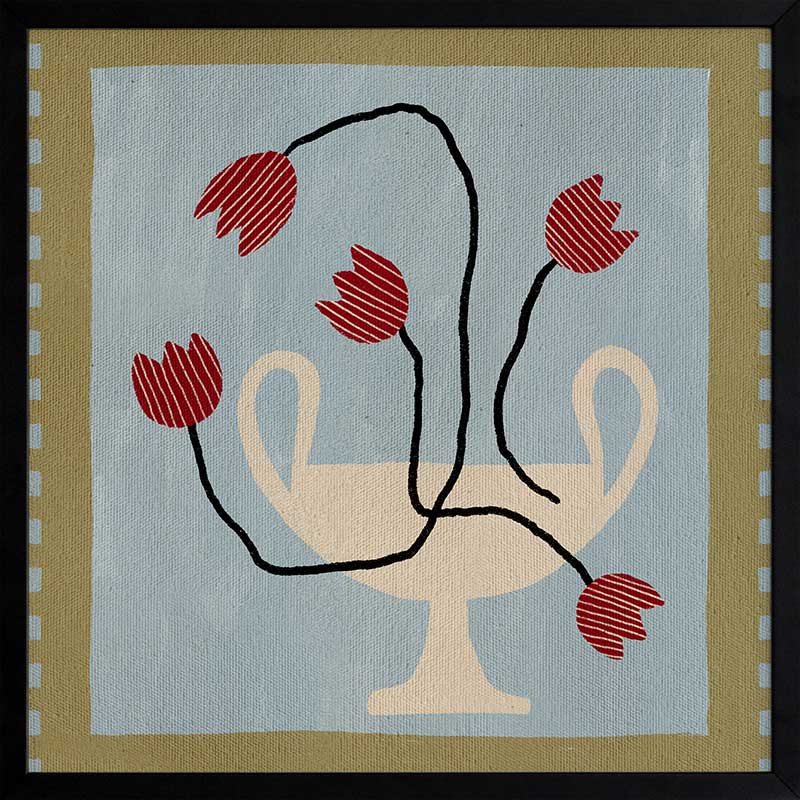 Whimsical arrangement of red abstract blooms in a cream pedestal vase set on a light blue and green checkered background, from the Shatha collection with Urban Road.