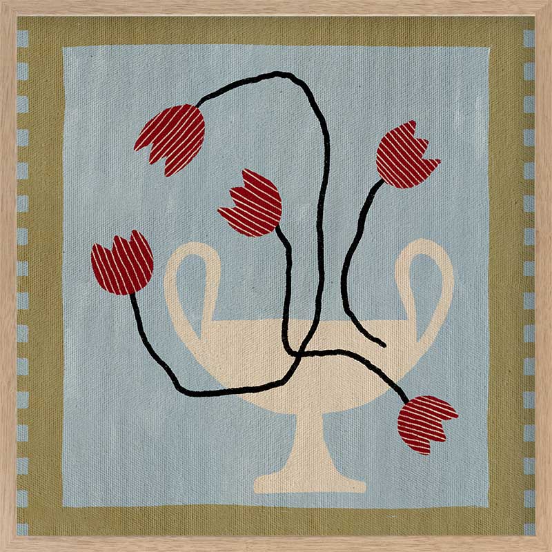 Whimsical arrangement of red abstract blooms in a cream pedestal vase set on a light blue and green checkered background, from the Shatha collection with Urban Road.