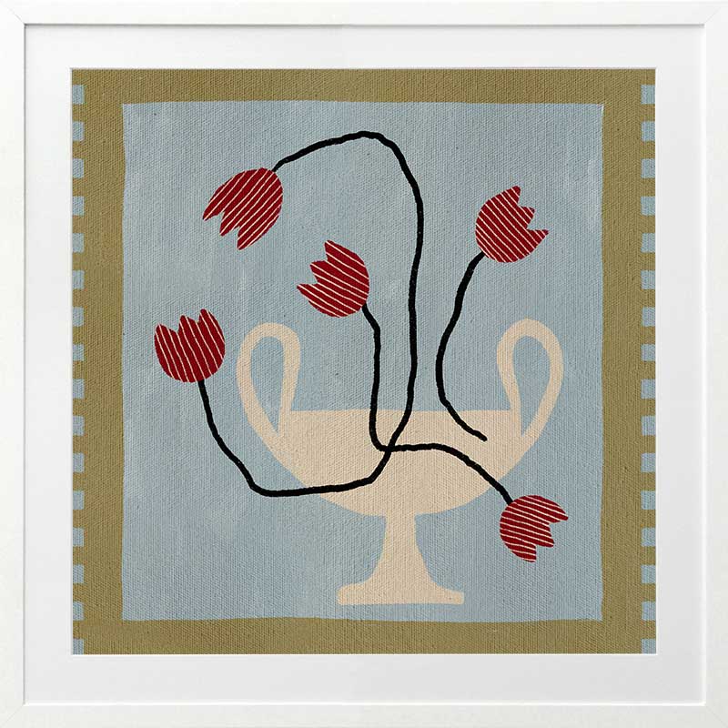 Whimsical arrangement of red abstract blooms in a cream pedestal vase set on a light blue and green checkered background, from the Shatha collection with Urban Road.