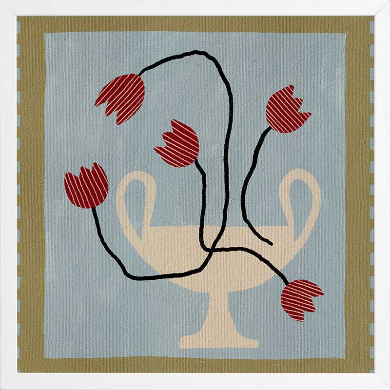 Whimsical arrangement of red abstract blooms in a cream pedestal vase set on a light blue and green checkered background, from the Shatha collection with Urban Road.