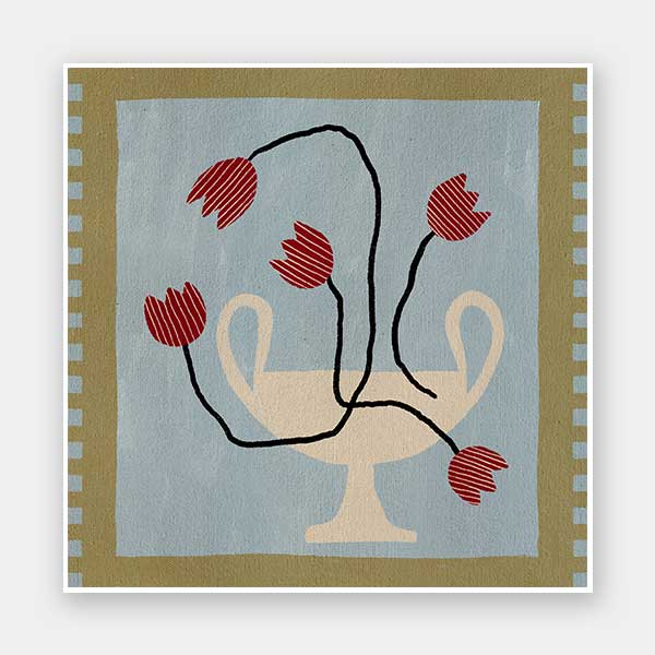 Whimsical arrangement of red abstract blooms in a cream pedestal vase set on a light blue and green checkered background, from the Shatha collection with Urban Road.