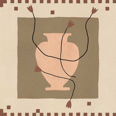 Minimalist floral artwork featuring a pale peach vase with stylised red blooms and slender stems on a beige and taupe backdrop, from the Shatha collection with Urban Road.