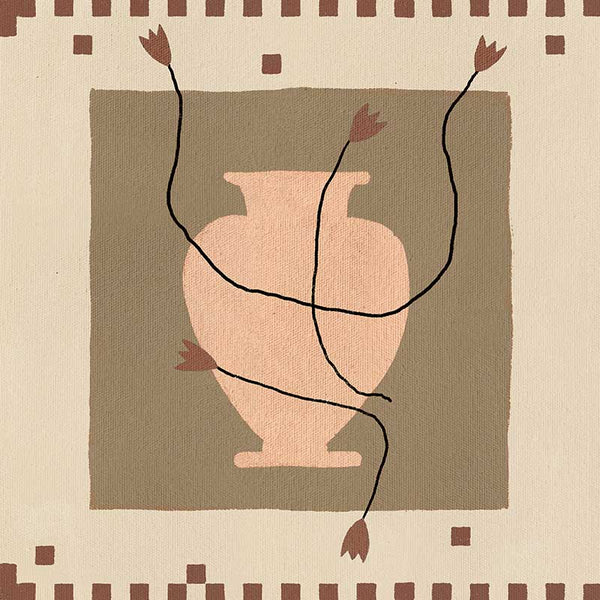 Minimalist floral artwork featuring a pale peach vase with stylised red blooms and slender stems on a beige and taupe backdrop, from the Shatha collection with Urban Road.
