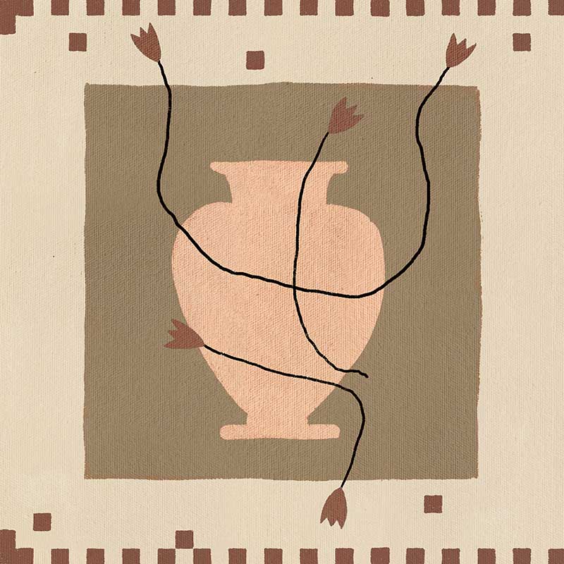 Minimalist floral artwork featuring a pale peach vase with stylised red blooms and slender stems on a beige and taupe backdrop, from the Shatha collection with Urban Road.