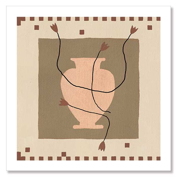 Minimalist floral artwork featuring a pale peach vase with stylised red blooms and slender stems on a beige and taupe backdrop, from the Shatha collection with Urban Road.