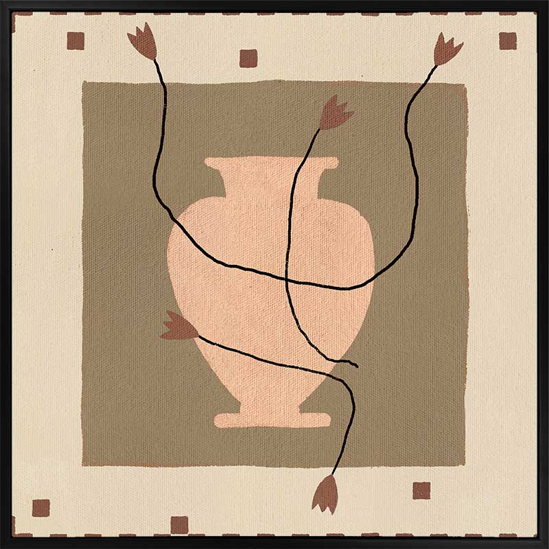 Minimalist floral artwork featuring a pale peach vase with stylised red blooms and slender stems on a beige and taupe backdrop, from the Shatha collection with Urban Road.