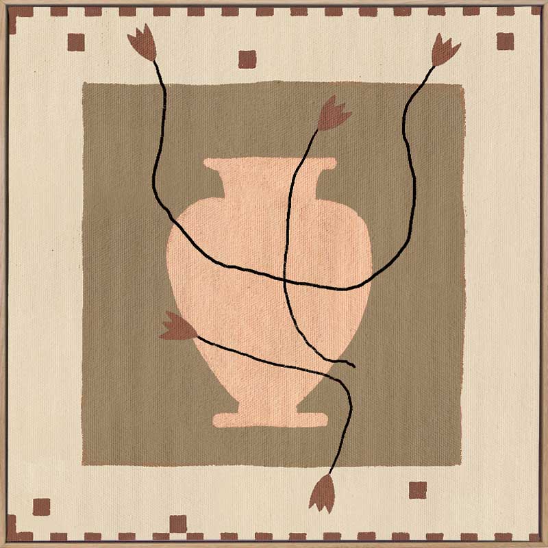 Minimalist floral artwork featuring a pale peach vase with stylised red blooms and slender stems on a beige and taupe backdrop, from the Shatha collection with Urban Road.