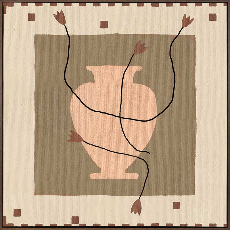Minimalist floral artwork featuring a pale peach vase with stylised red blooms and slender stems on a beige and taupe backdrop, from the Shatha collection with Urban Road.