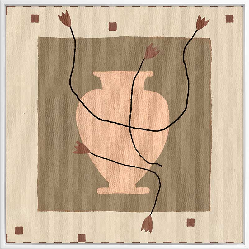 Minimalist floral artwork featuring a pale peach vase with stylised red blooms and slender stems on a beige and taupe backdrop, from the Shatha collection with Urban Road.