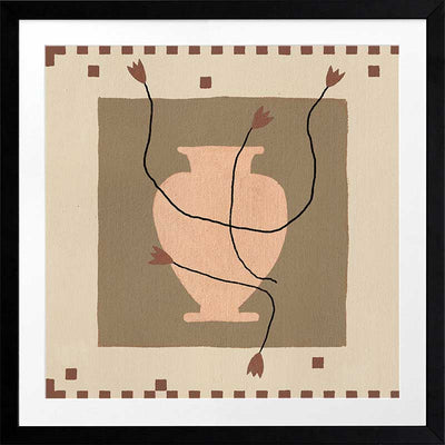 Minimalist floral artwork featuring a pale peach vase with stylised red blooms and slender stems on a beige and taupe backdrop, from the Shatha collection with Urban Road.