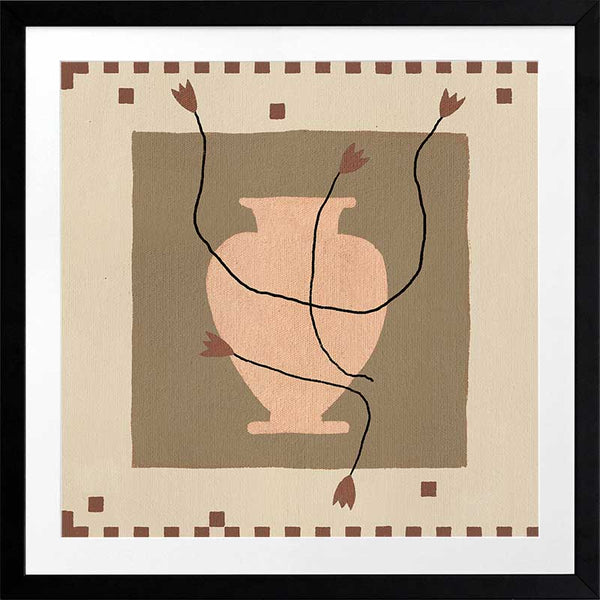 Minimalist floral artwork featuring a pale peach vase with stylised red blooms and slender stems on a beige and taupe backdrop, from the Shatha collection with Urban Road.