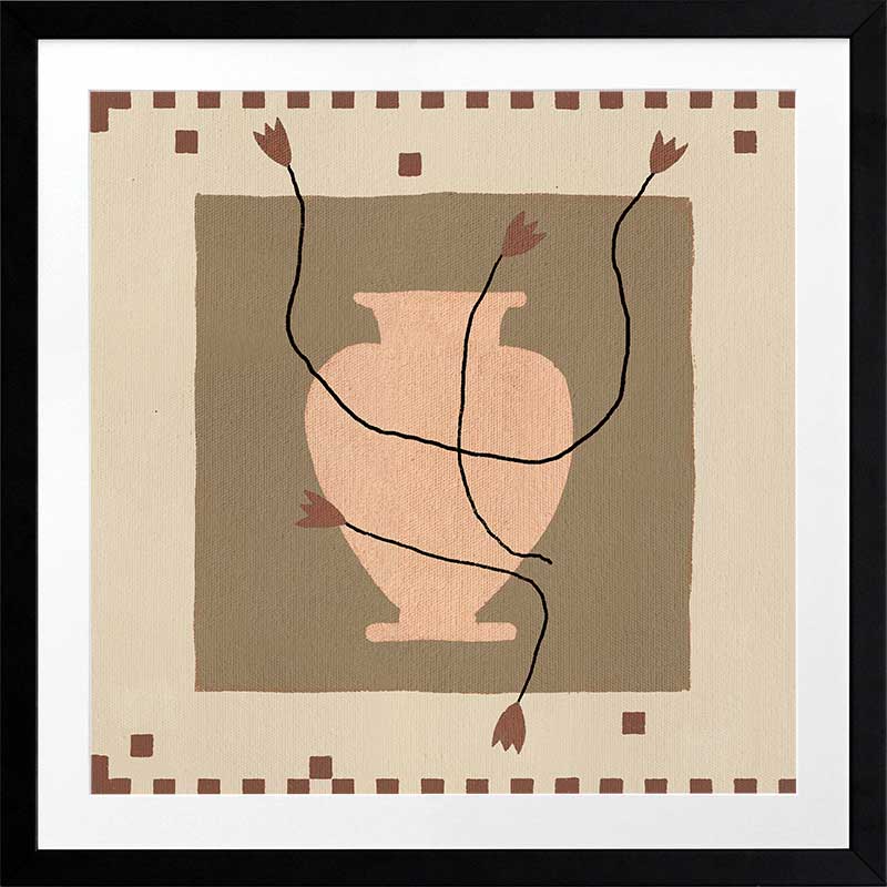 Minimalist floral artwork featuring a pale peach vase with stylised red blooms and slender stems on a beige and taupe backdrop, from the Shatha collection with Urban Road.
