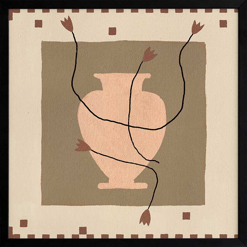 Minimalist floral artwork featuring a pale peach vase with stylised red blooms and slender stems on a beige and taupe backdrop, from the Shatha collection with Urban Road.