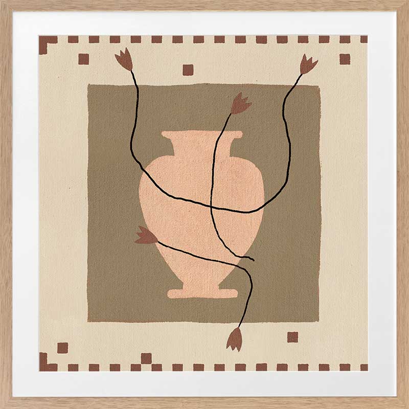 Minimalist floral artwork featuring a pale peach vase with stylised red blooms and slender stems on a beige and taupe backdrop, from the Shatha collection with Urban Road.