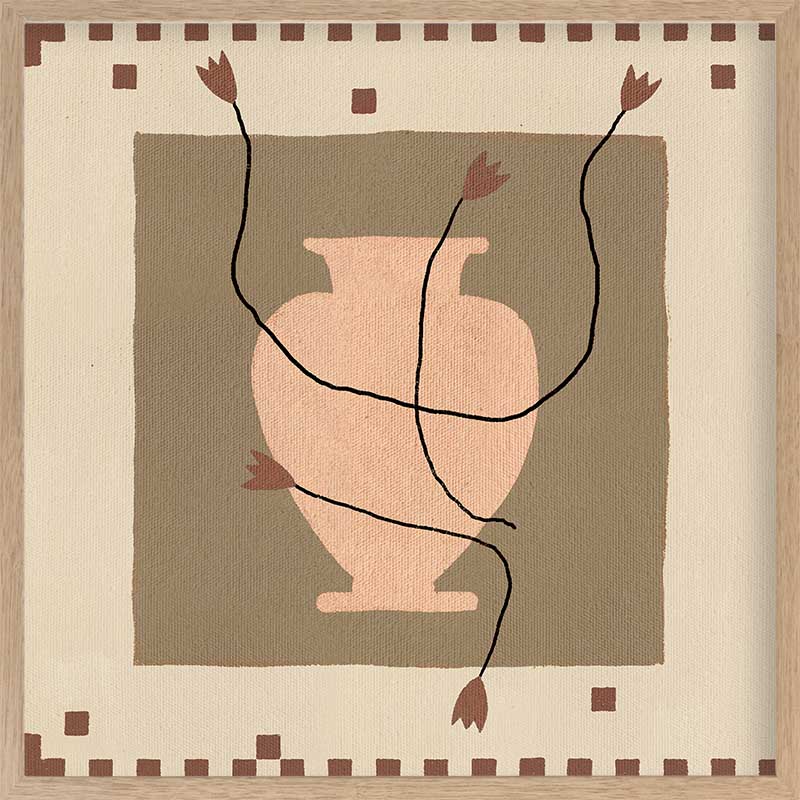 Minimalist floral artwork featuring a pale peach vase with stylised red blooms and slender stems on a beige and taupe backdrop, from the Shatha collection with Urban Road.