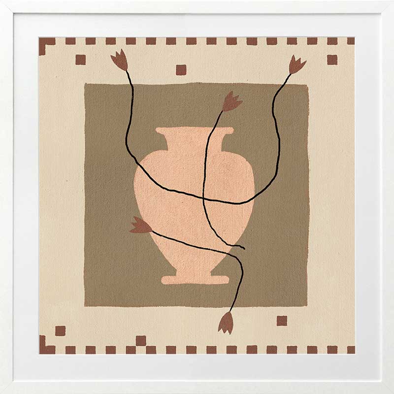 Minimalist floral artwork featuring a pale peach vase with stylised red blooms and slender stems on a beige and taupe backdrop, from the Shatha collection with Urban Road.