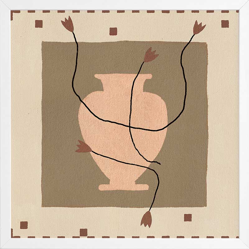 Minimalist floral artwork featuring a pale peach vase with stylised red blooms and slender stems on a beige and taupe backdrop, from the Shatha collection with Urban Road.