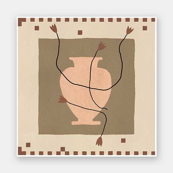Minimalist floral artwork featuring a pale peach vase with stylised red blooms and slender stems on a beige and taupe backdrop, from the Shatha collection with Urban Road.