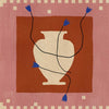 Modern floral artwork of a cream-coloured vase with electric blue blooms and flowing black stems on a brick red background with soft pink trim, from the Shatha collection with Urban Road.