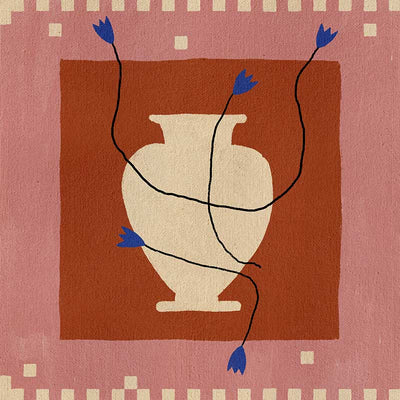 Modern floral artwork of a cream-coloured vase with electric blue blooms and flowing black stems on a brick red background with soft pink trim, from the Shatha collection with Urban Road.