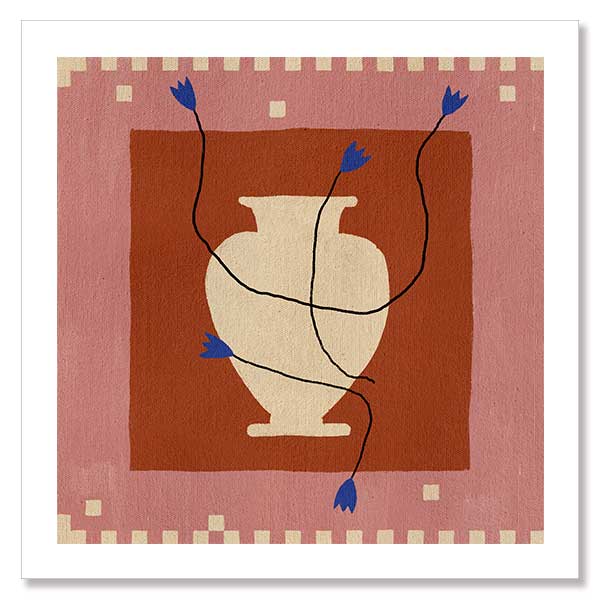 Modern floral artwork of a cream-coloured vase with electric blue blooms and flowing black stems on a brick red background with soft pink trim, from the Shatha collection with Urban Road.