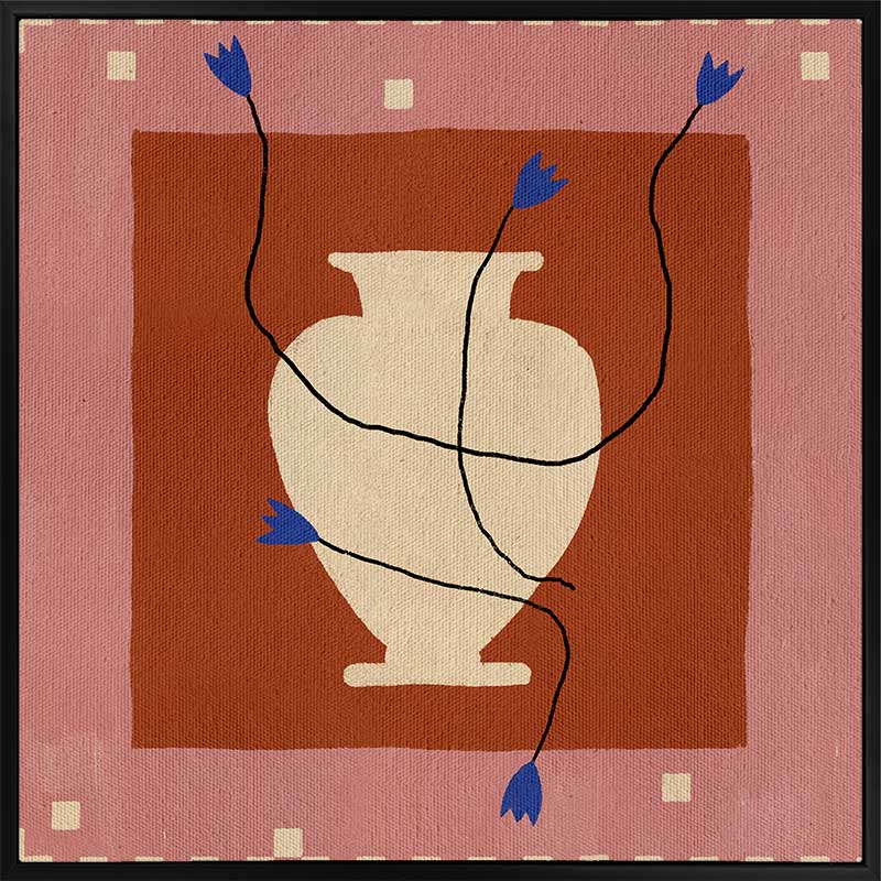 Modern floral artwork of a cream-coloured vase with electric blue blooms and flowing black stems on a brick red background with soft pink trim, from the Shatha collection with Urban Road.