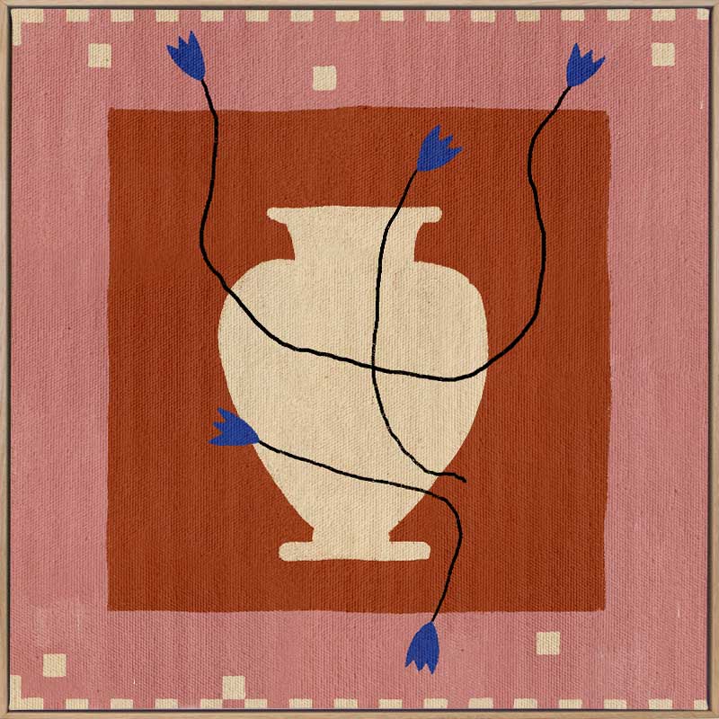 Modern floral artwork of a cream-coloured vase with electric blue blooms and flowing black stems on a brick red background with soft pink trim, from the Shatha collection with Urban Road.