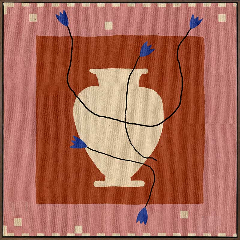 Modern floral artwork of a cream-coloured vase with electric blue blooms and flowing black stems on a brick red background with soft pink trim, from the Shatha collection with Urban Road.