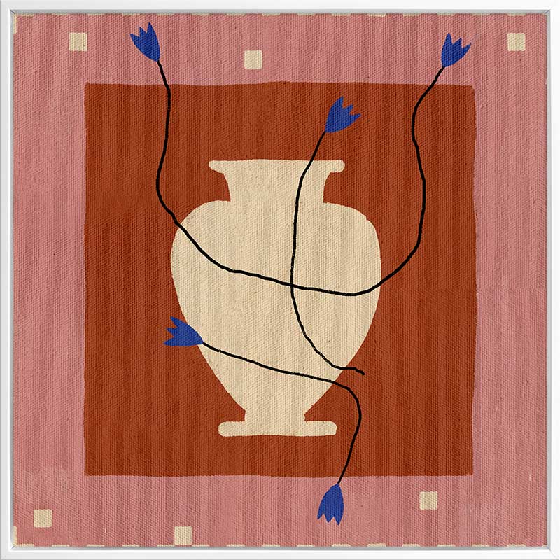Modern floral artwork of a cream-coloured vase with electric blue blooms and flowing black stems on a brick red background with soft pink trim, from the Shatha collection with Urban Road.
