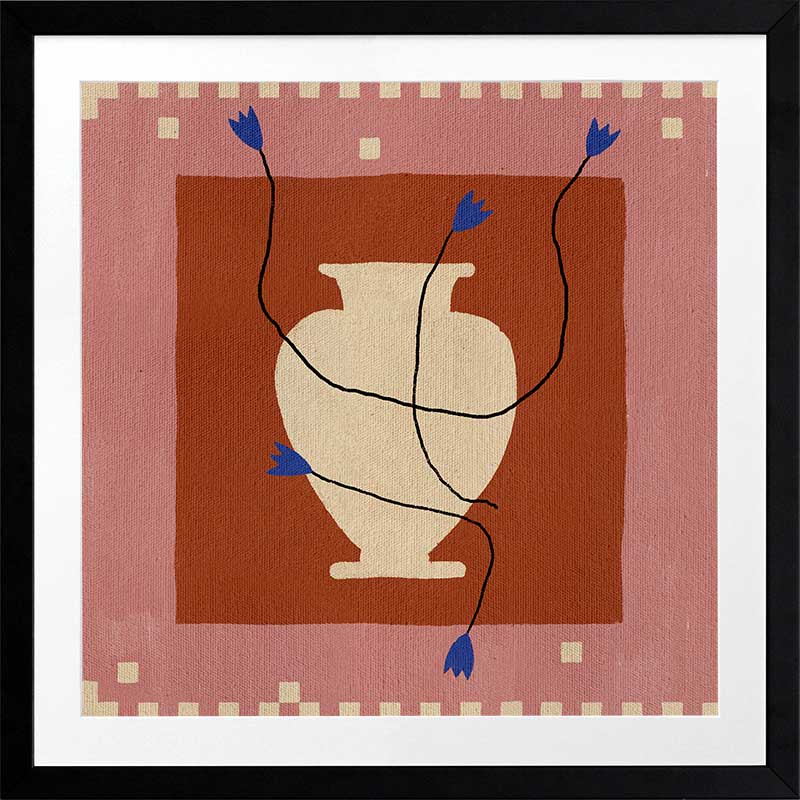 Modern floral artwork of a cream-coloured vase with electric blue blooms and flowing black stems on a brick red background with soft pink trim, from the Shatha collection with Urban Road.
