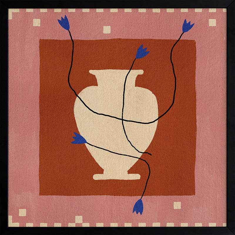 Modern floral artwork of a cream-coloured vase with electric blue blooms and flowing black stems on a brick red background with soft pink trim, from the Shatha collection with Urban Road.