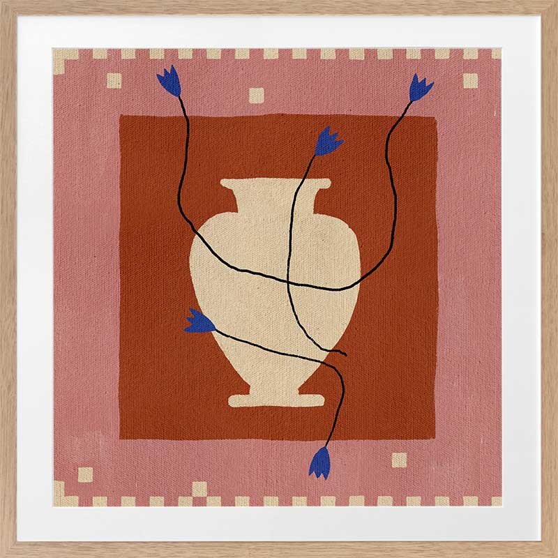 Modern floral artwork of a cream-coloured vase with electric blue blooms and flowing black stems on a brick red background with soft pink trim, from the Shatha collection with Urban Road.