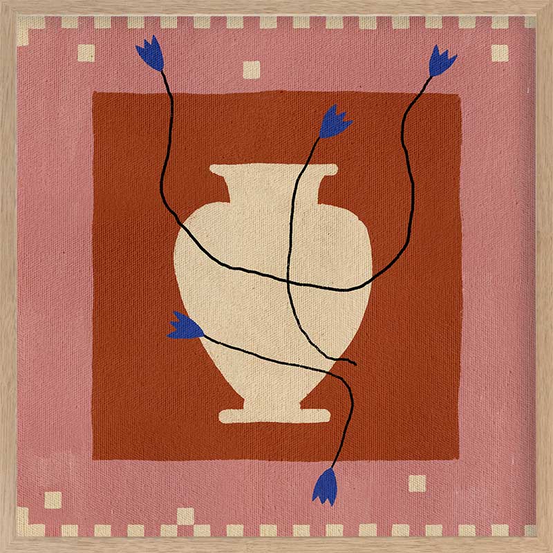 Modern floral artwork of a cream-coloured vase with electric blue blooms and flowing black stems on a brick red background with soft pink trim, from the Shatha collection with Urban Road.