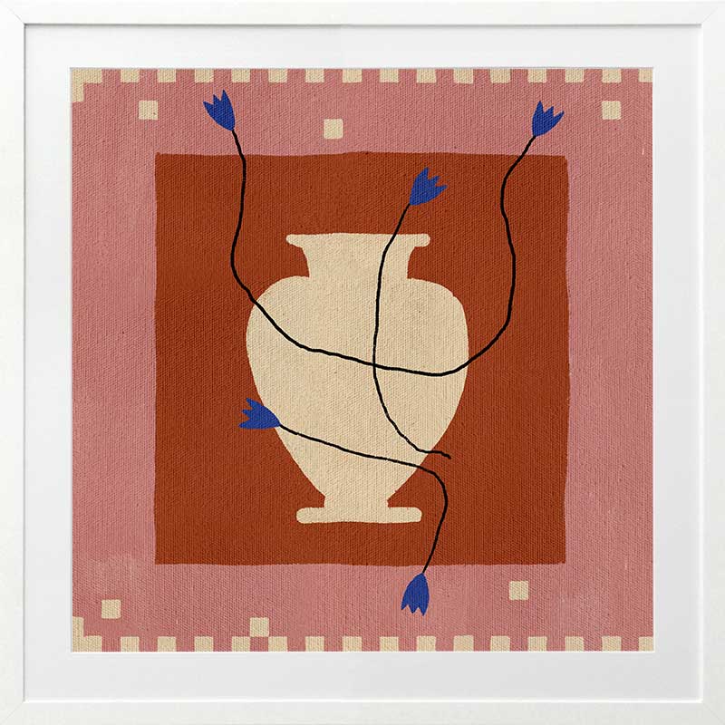 Modern floral artwork of a cream-coloured vase with electric blue blooms and flowing black stems on a brick red background with soft pink trim, from the Shatha collection with Urban Road.