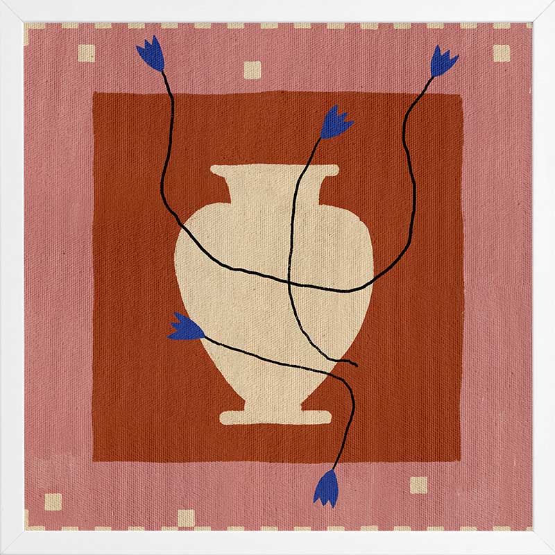 Modern floral artwork of a cream-coloured vase with electric blue blooms and flowing black stems on a brick red background with soft pink trim, from the Shatha collection with Urban Road.