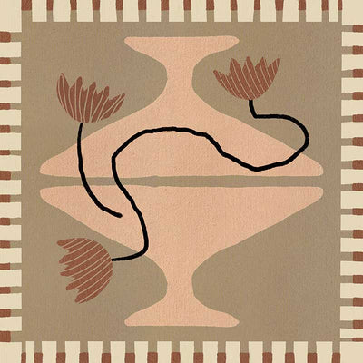 Stylised cream pedestal vase holding abstract red-brown flowers, set on a taupe and olive background with a striped border, from the Shatha collection with Urban Road.